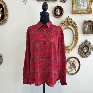 Vintage Notations Red Paisley Button-Up Blouse Women's Long Sleeve Shirt